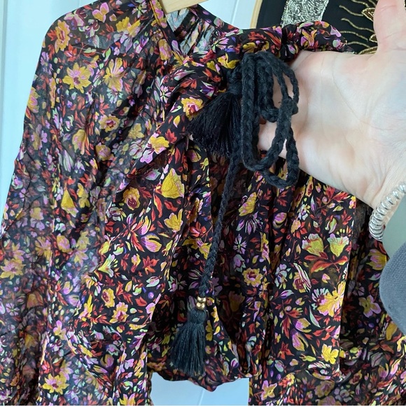 by Anthropologie Pauline Balloon-Sleeved Blouse Floral Black Tie Semi Sheer Top - Picture 12 of 15